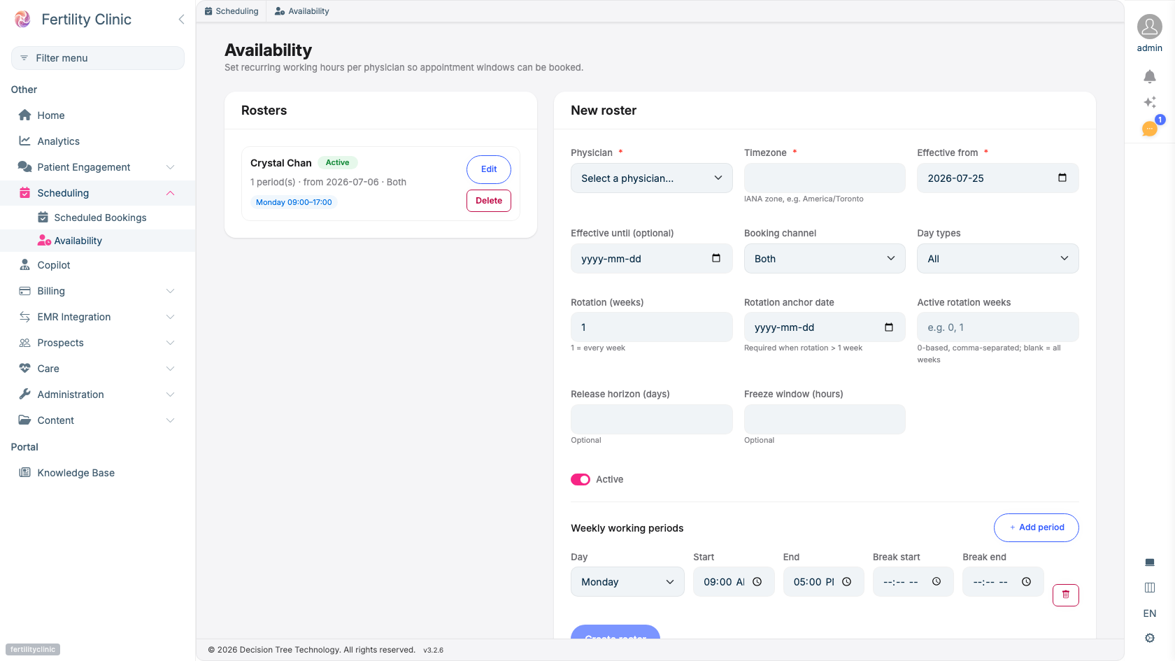 The Availability screen showing an existing roster and the new-roster form