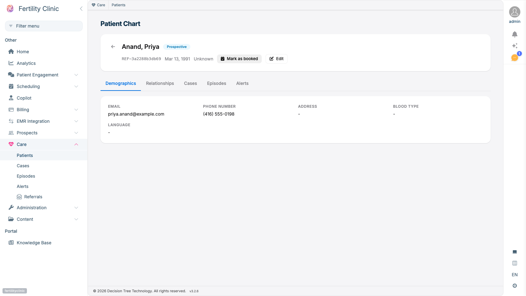 A patient chart with demographics, and tabs for relationships, cases, episodes, and alerts