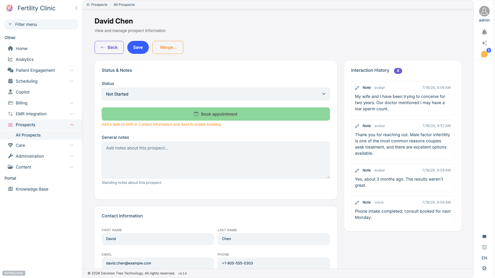 A prospect record showing outreach status, the book-appointment action, and the cross-channel interaction history