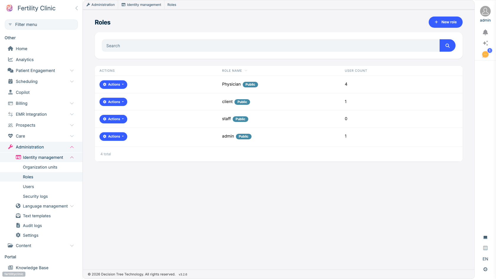 The Roles administration screen listing Physician, client, staff, and admin roles with user counts