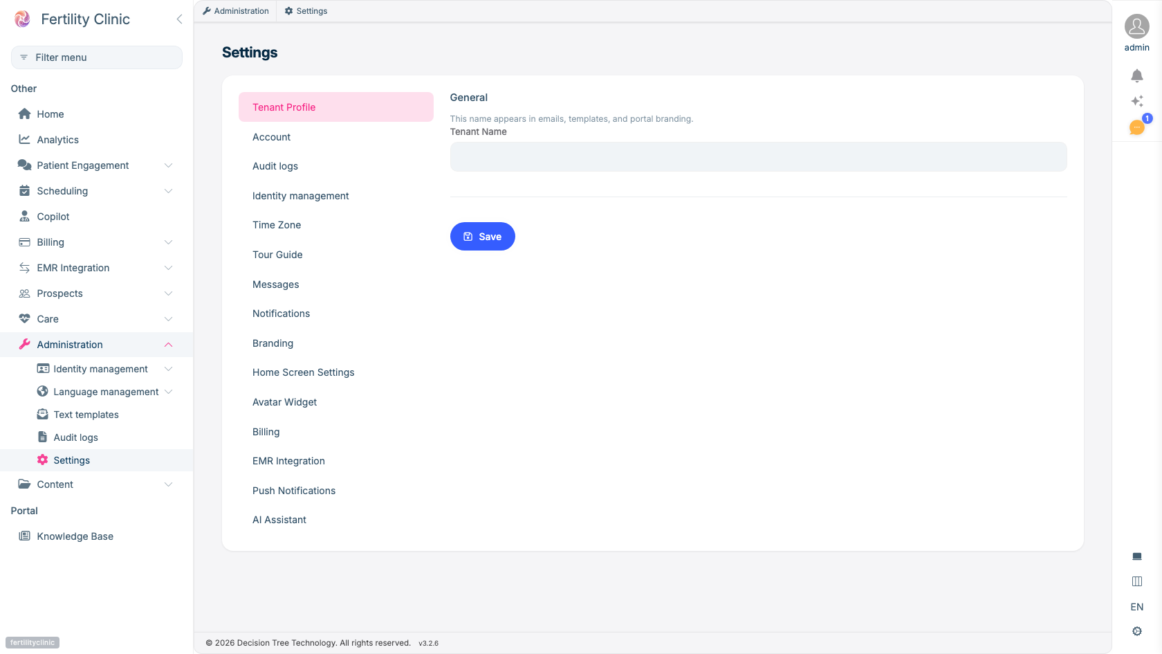 The clinic Settings screen with the tenant profile, branding, identity, and AI assistant tabs